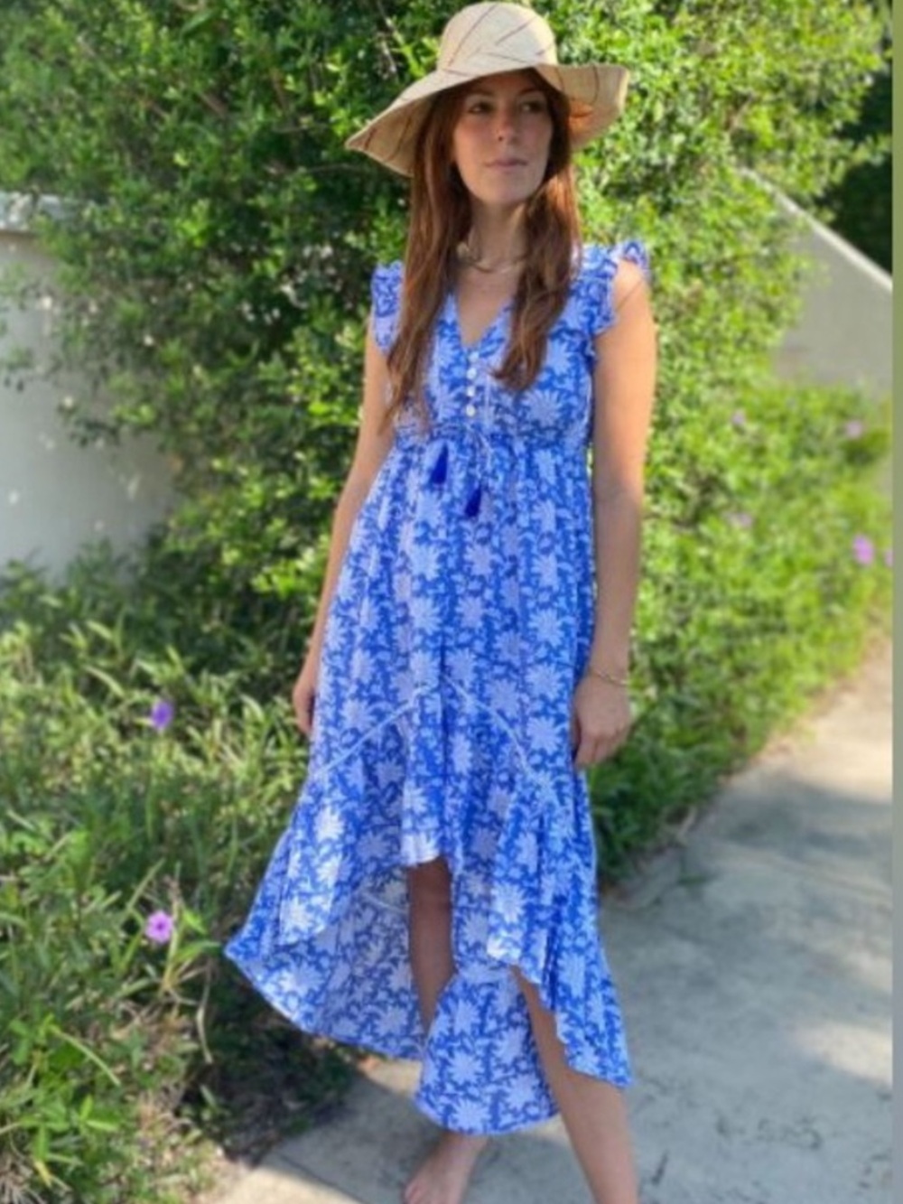 Kemble Shop Emma 100% Cotton Block Print Blue White Floral High Low Midi Dress